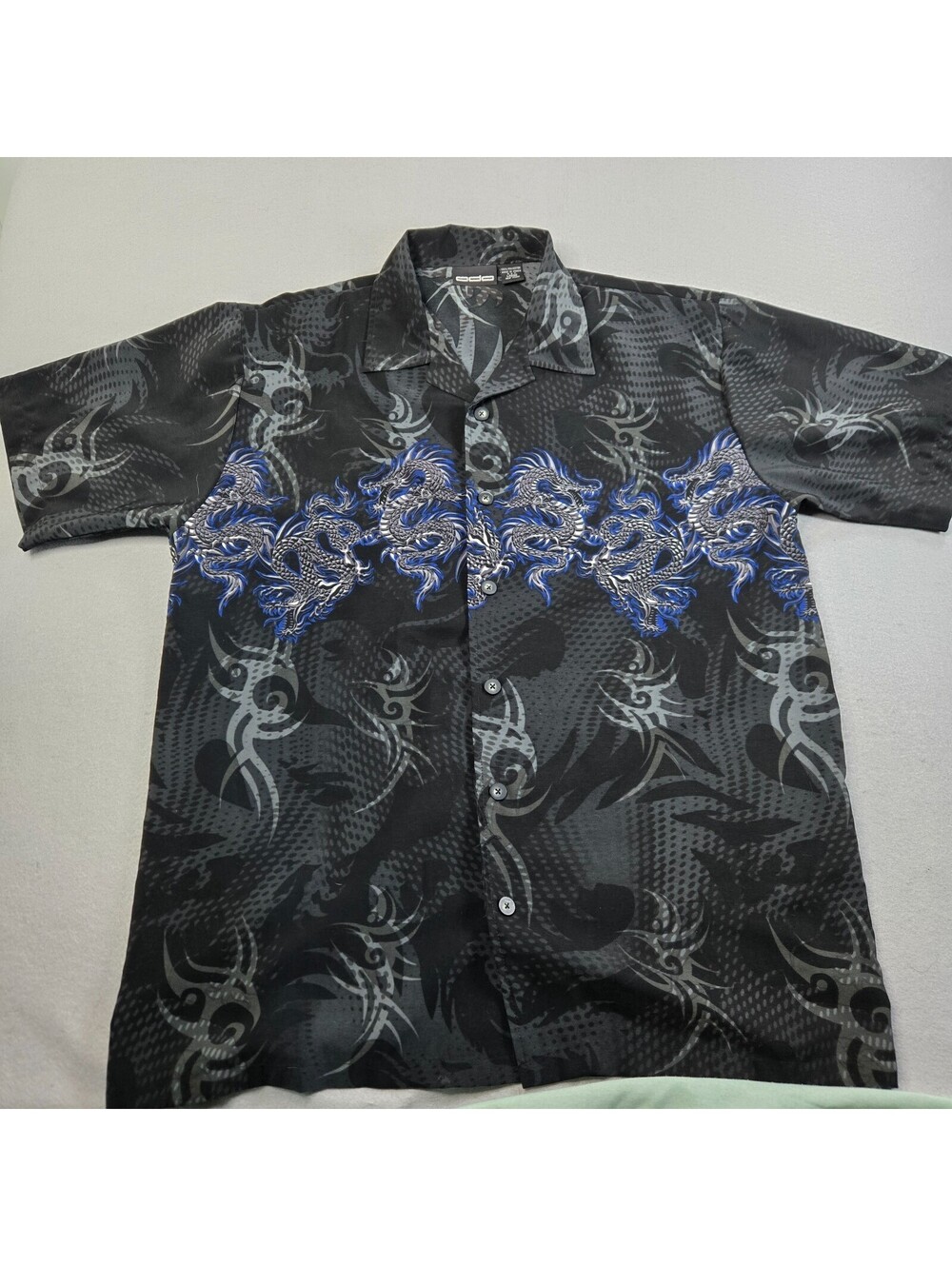 Vintage odo Men's L Black Blue Dragon Graphic Print Short Sleeve Button-Up Shirt